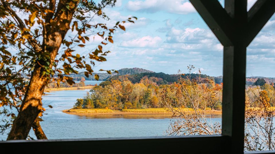 View of a river and small tree‑covered island framed by autumn foliage from a wooden overlook.