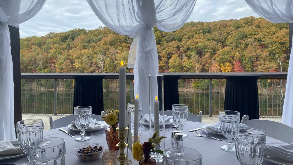 Elegant dining setup with autumnal forest backdrop seen through draped windows.