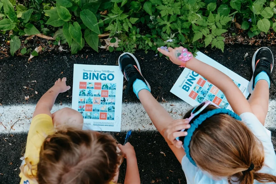 Two children seated on the ground playing a nature-themed bingo game, with the bingo cards and surrounding greenery visible.