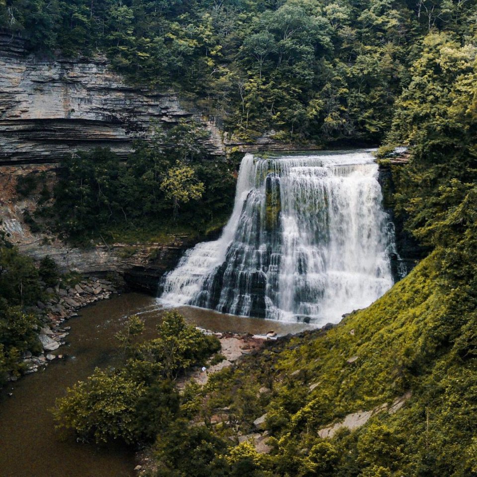 Aerial view of a waterfall cascading into a river within a lush green forest.