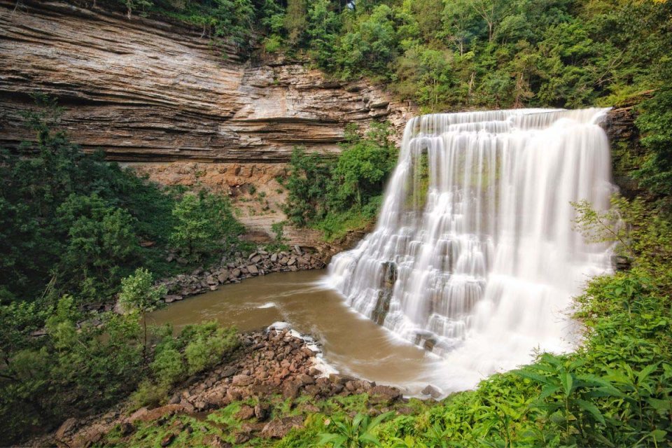 Lush greenery surrounding a cliffside waterfall flowing into a river.