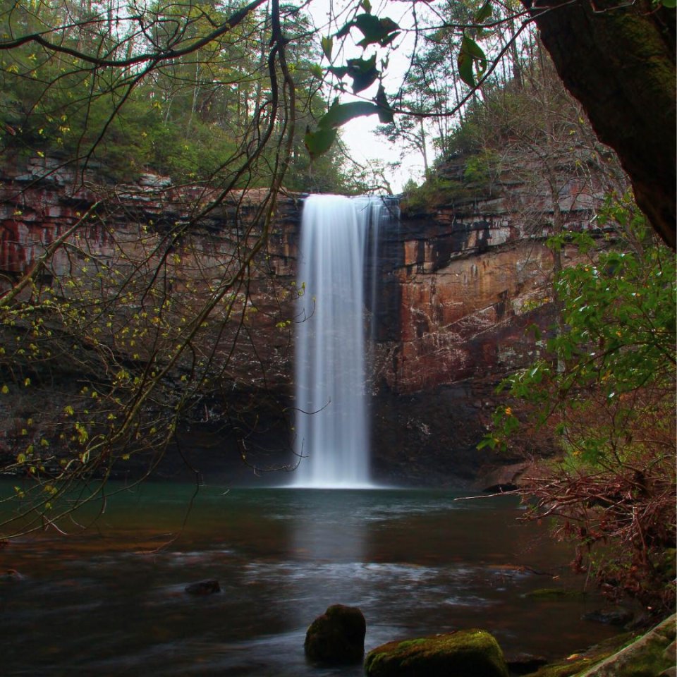 Waterfall cascading into a serene forest pond surrounded by rocky cliffs.
