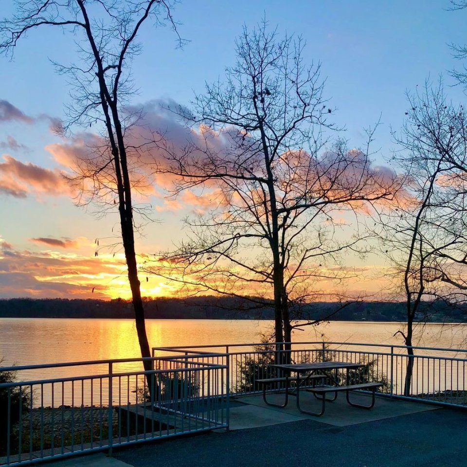 Sunset over a lake viewed from a park with benches and bare trees.