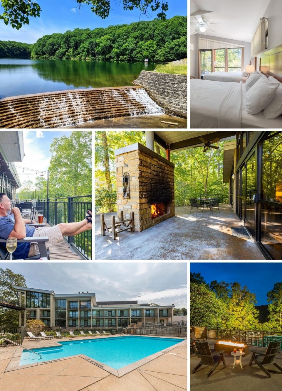Collage of tranquil resort settings including lakeside views, cozy interiors, and external amenities.