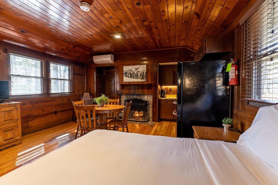 Cozy cabin interior with wood-paneled walls, a kitchenette, and a white bed.