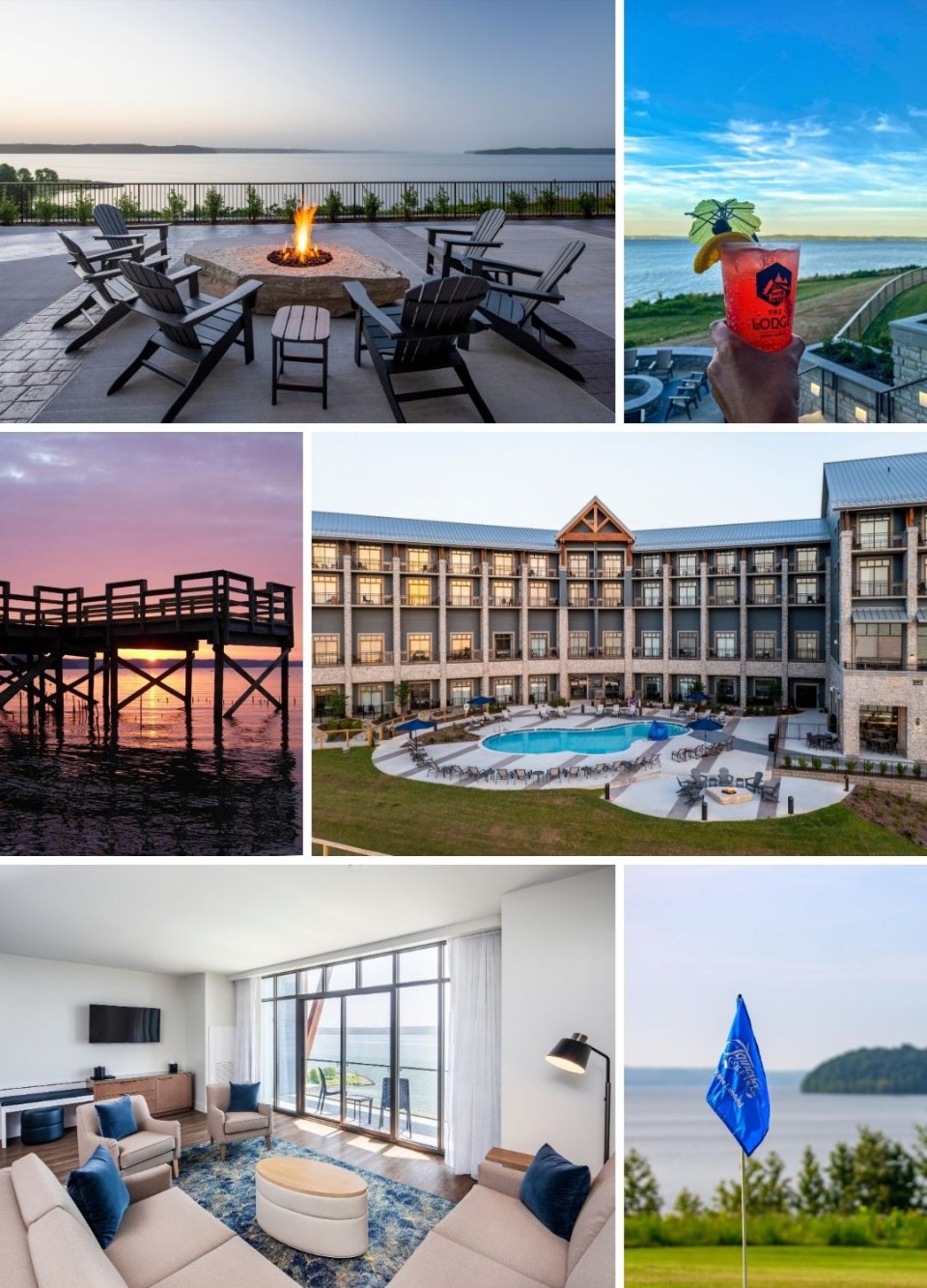 Collage of resort scenes including outdoor dining, pool, and interior living spaces.