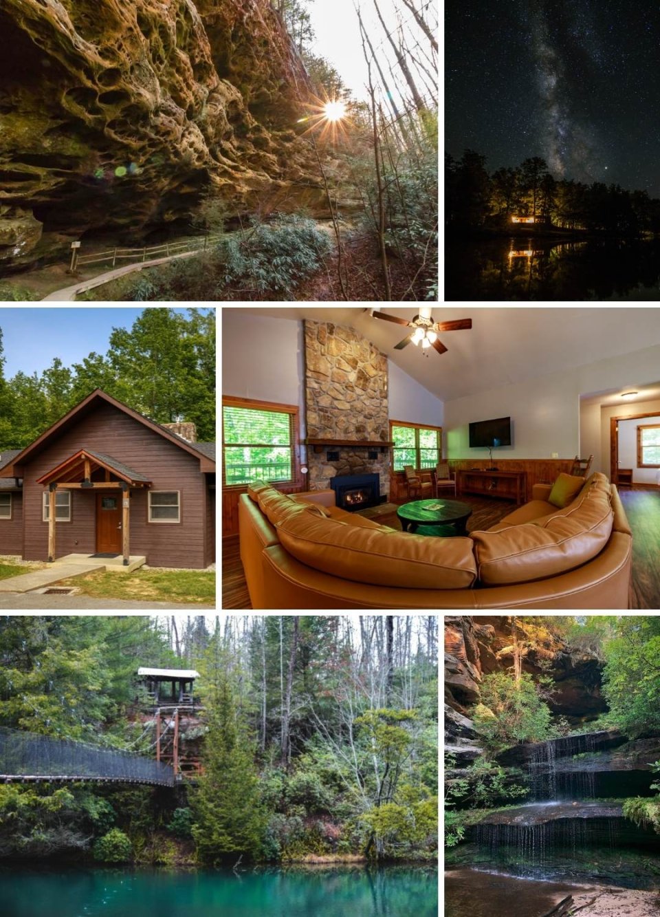 Collage of six images showcasing rustic outdoor and cozy indoor scenes.