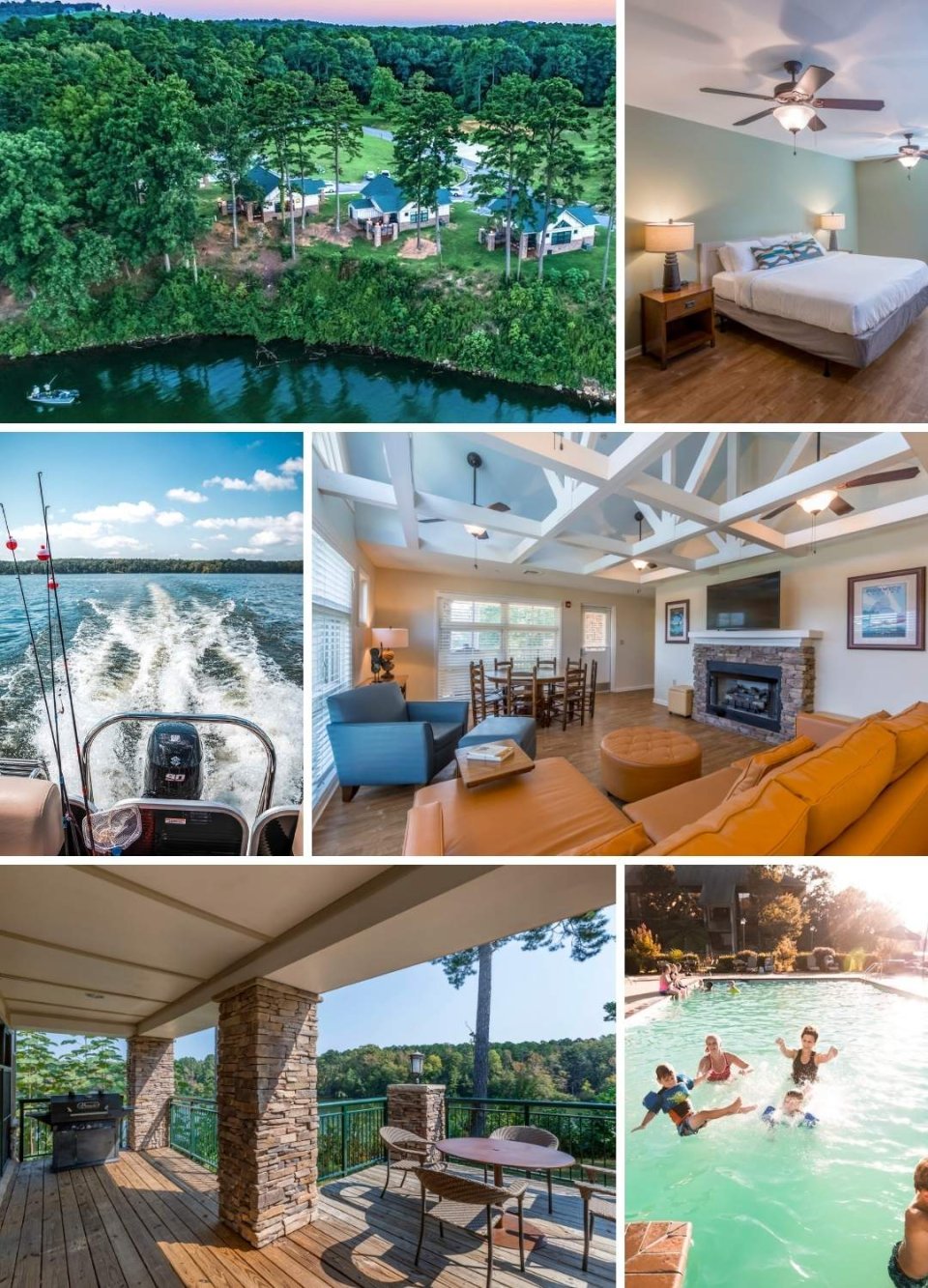 Collage of vacation scenes: aerial view of resort, interior of rooms, boat ride, outdoor patio, pool with people.