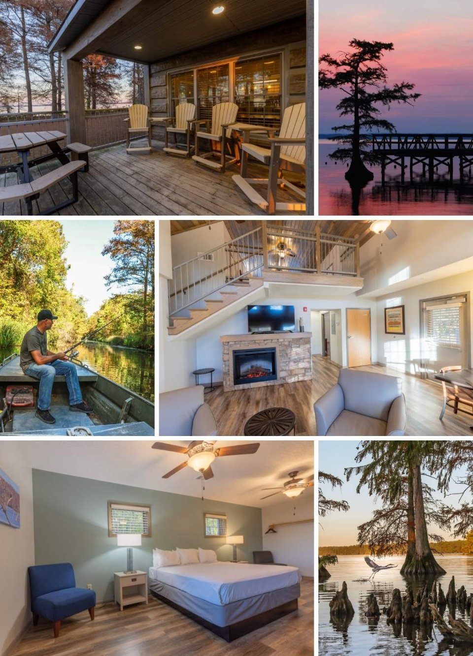 Collage of serene lakeside retreat scenes, including interiors and nature views.