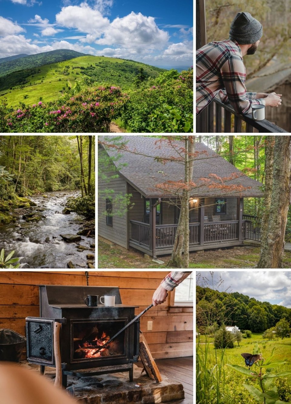 Collage of nature and rustic living scenes, including landscapes, a cabin, and a fireplace.