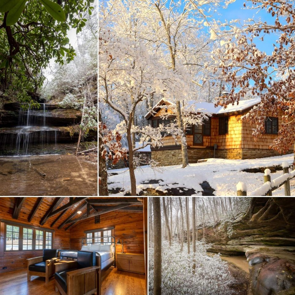 four images of a waterfall, a cabin covered in snow, inside a cabin, and a ice cave