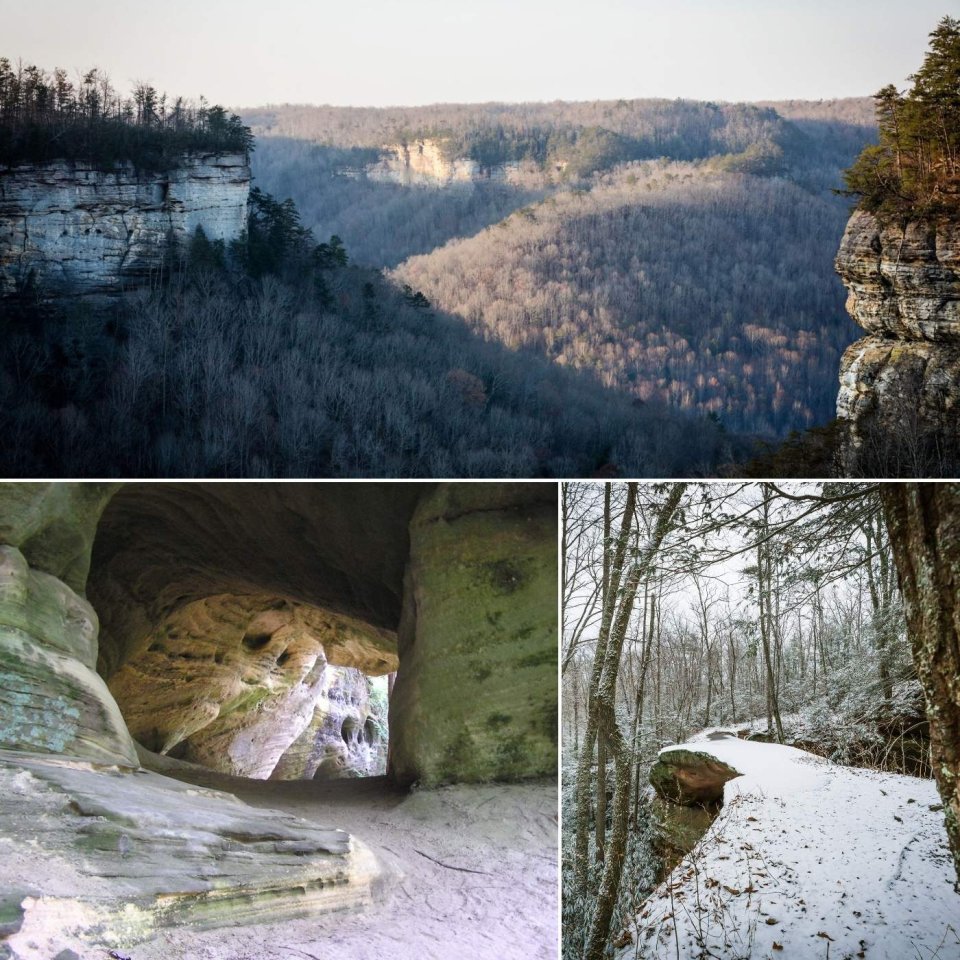 three images of a winter landscape, inside a cave, and a cliff covered in snow