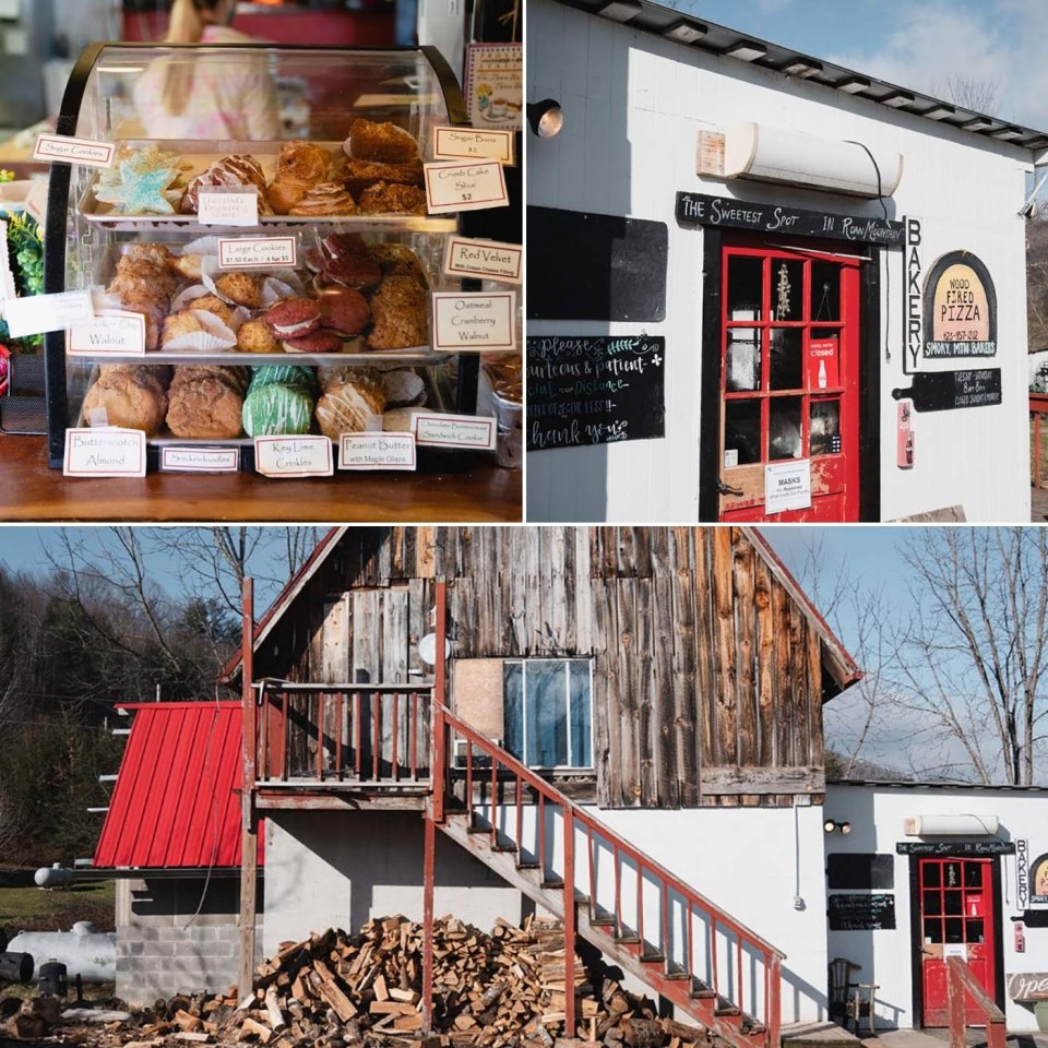 three images of a bakery, pastries, and a red door 