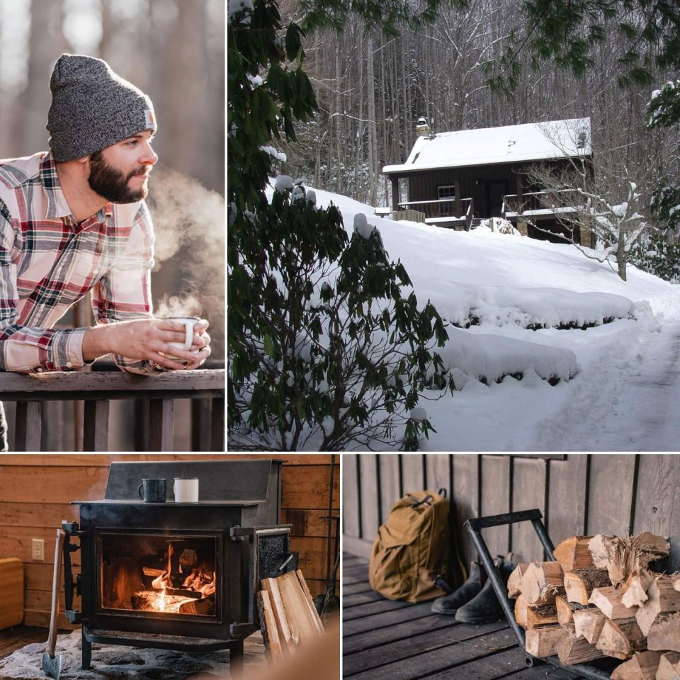 four images of a man with coffee, a winter cabin, a fire place, and fire wood