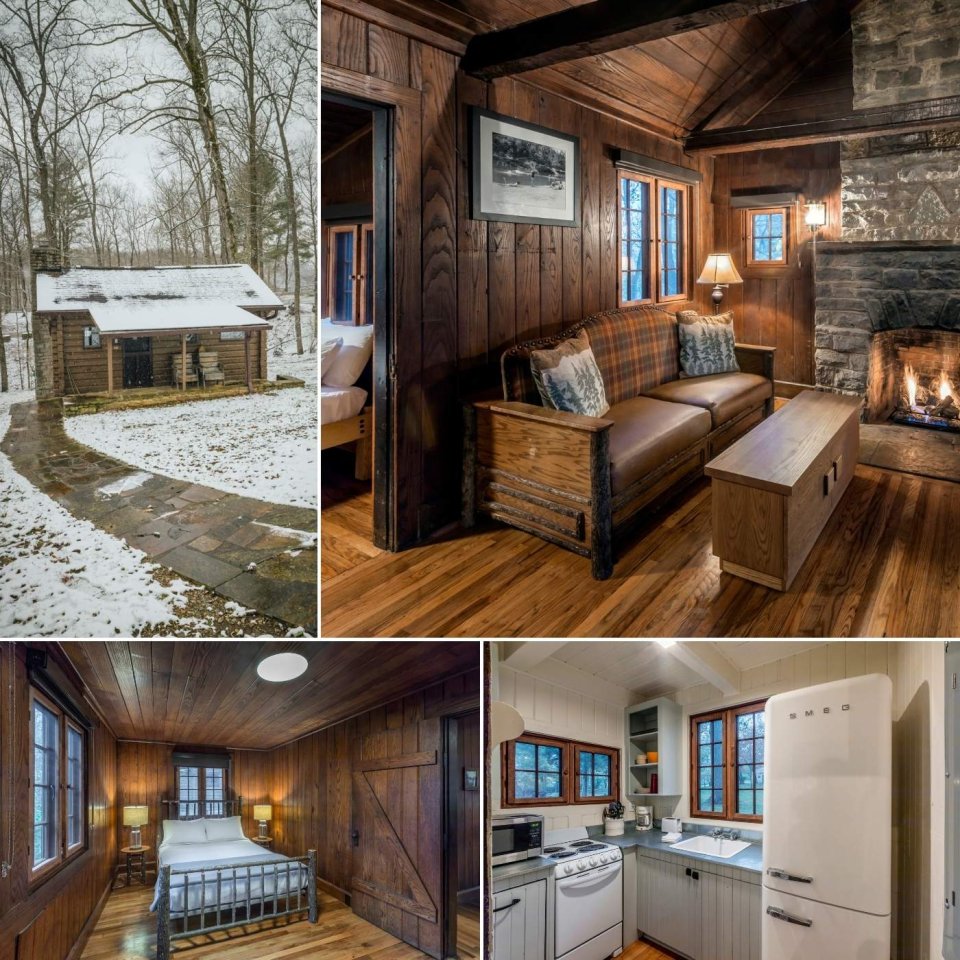 four images of a cabin covered in snow, living room of a cabin, bedroom of a cabin, and a kitchen