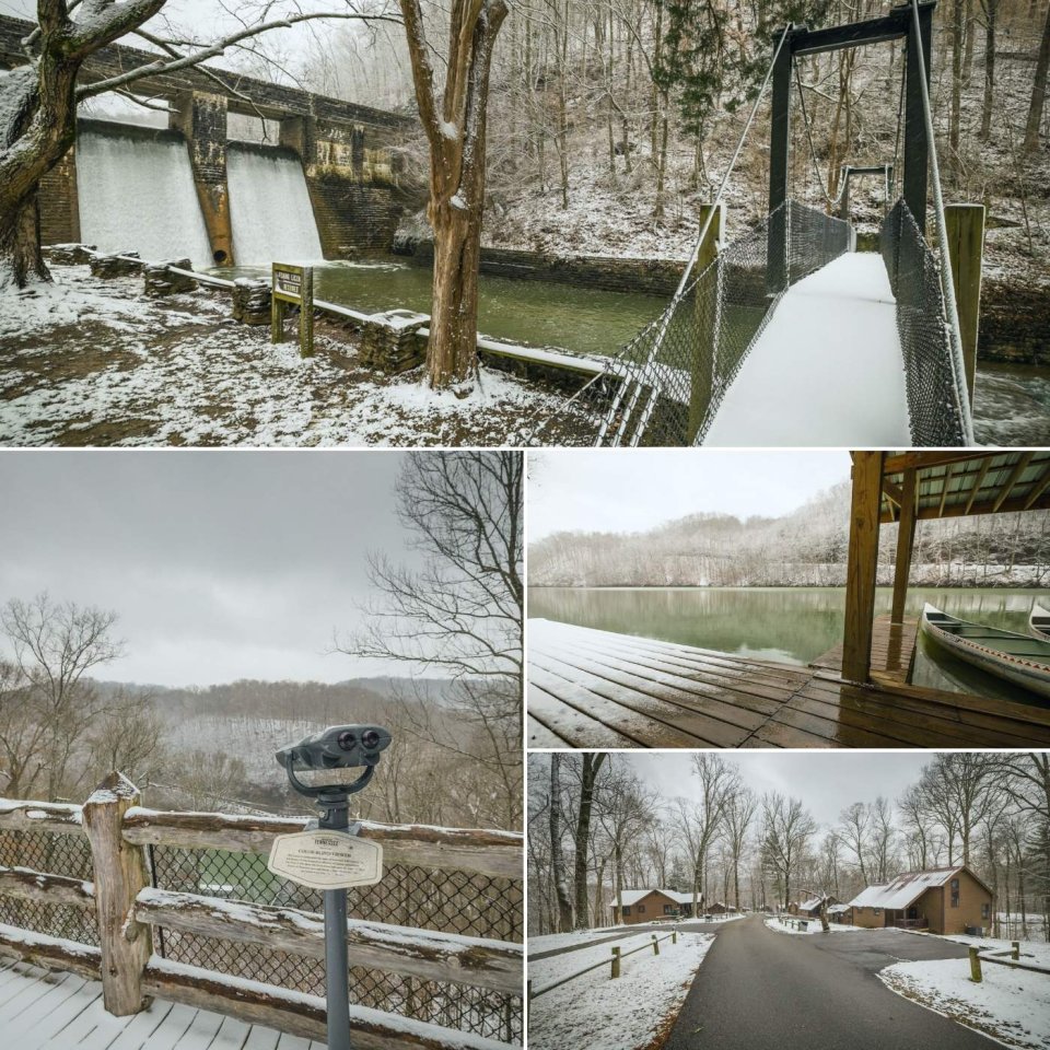 four images of a bridge covered in snow, a viewfinder covered in snow, a lake, and buildings covered in snow