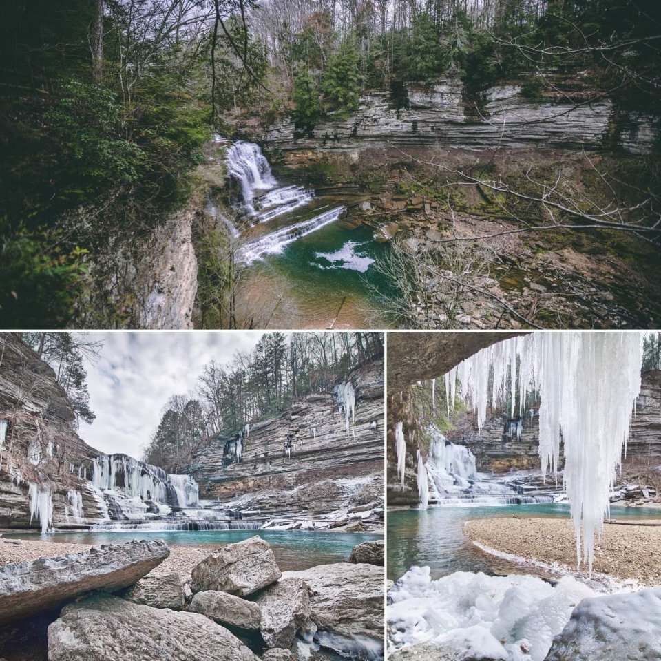 three images of a waterfall covered in ice and snow