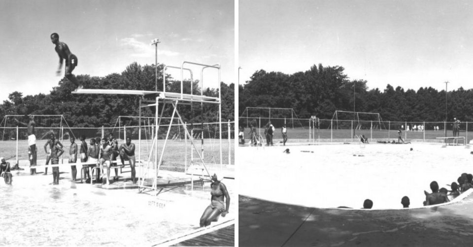 two older images of people using a swimming pool