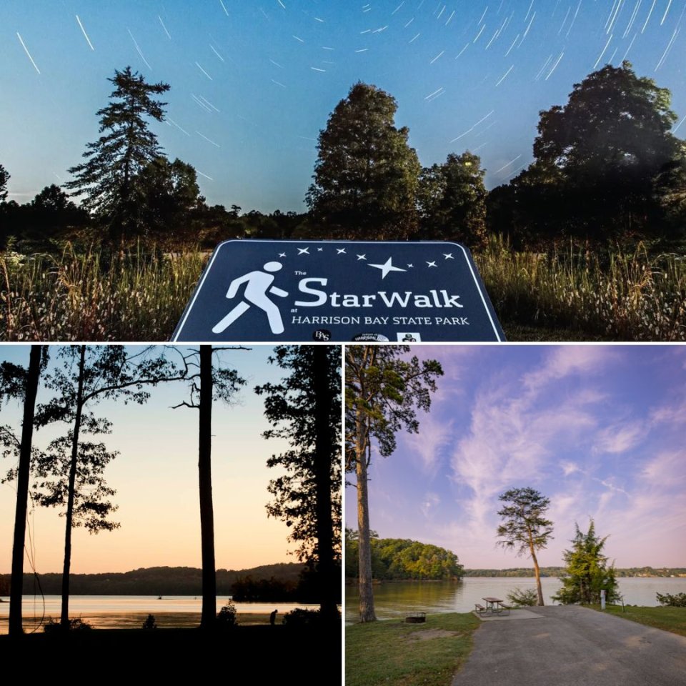 Collage of lakeside views, star trails, and park stargazing sign