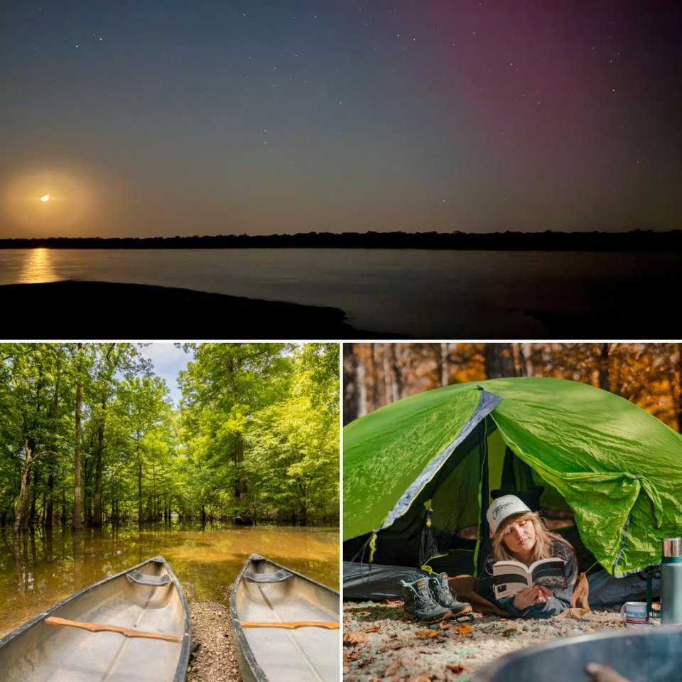 Collage of canoeing, tent camping, and stargazing by a lake