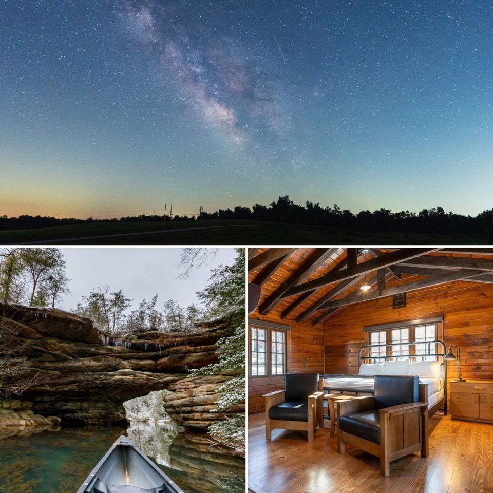 Collage of Milky Way, rock arch canoeing, and rustic cabin bedroom