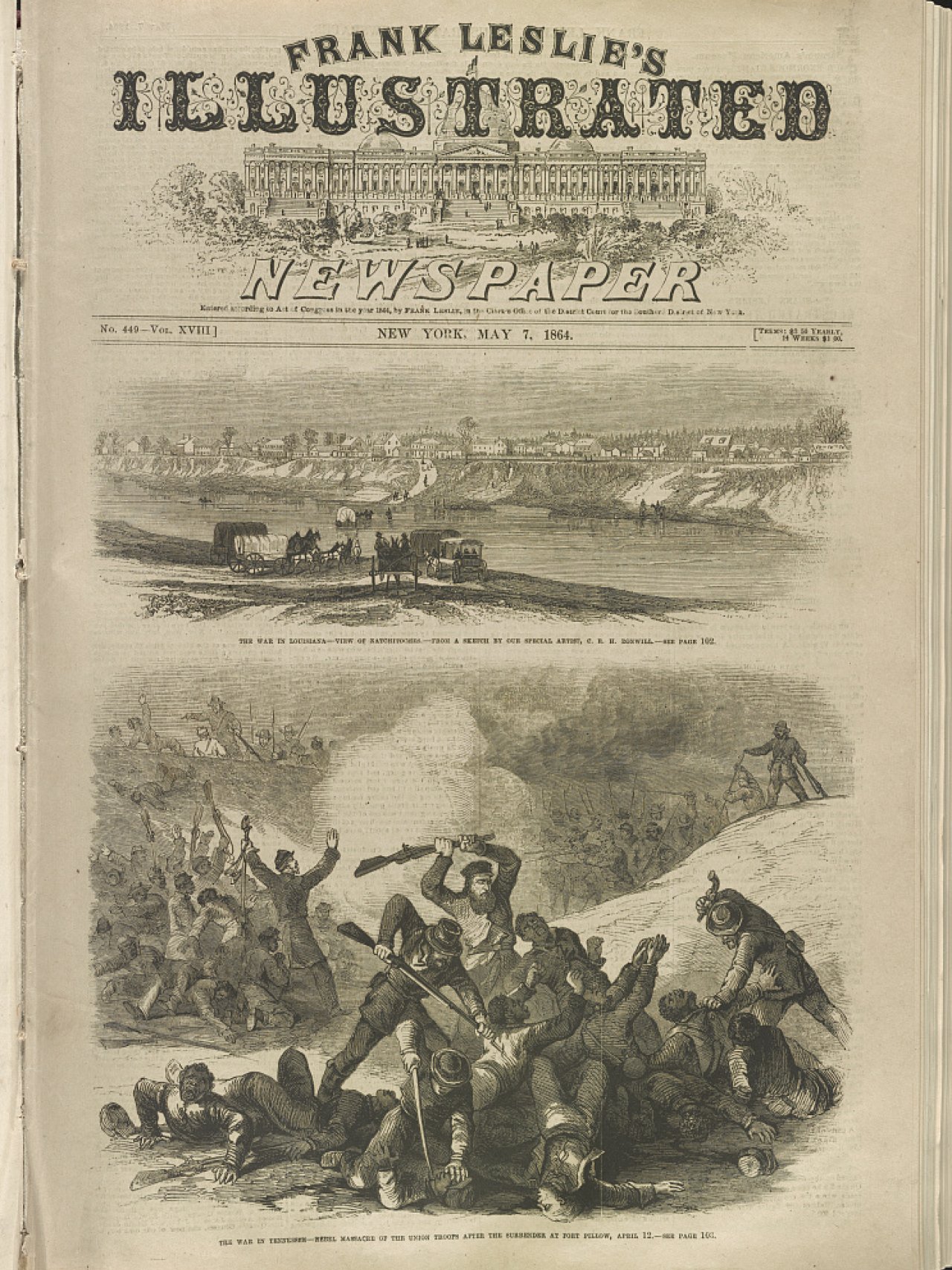Front page of Frank Leslie's Illustrated Newspaper from the 19th century, featuring battle scene illustration.