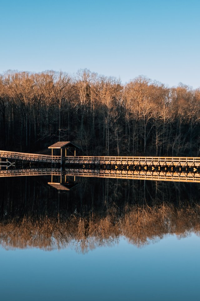 A wooden pier extends over a calm lake with a small pavilion and is mirrored in the water. Bare trees with golden light line the shore under a clear blue sky.