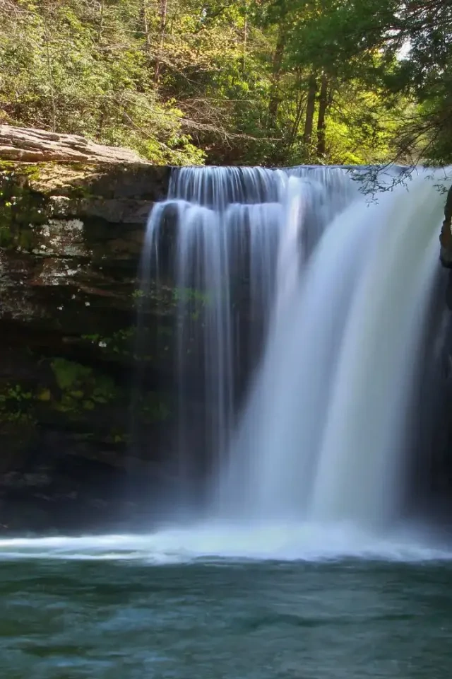 Waterfall cascading over a rocky ledge into a clear pool below, framed by lush green foliage. The scene conveys tranquility and natural beauty.