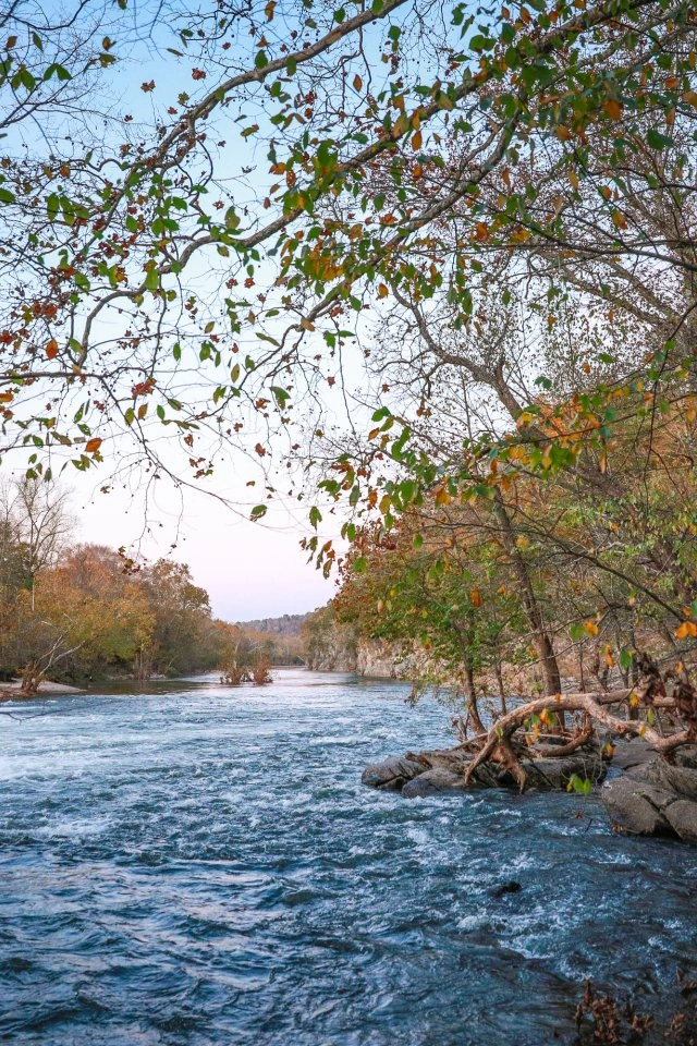 River with autumn trees on both sides, under a clear blue sky.