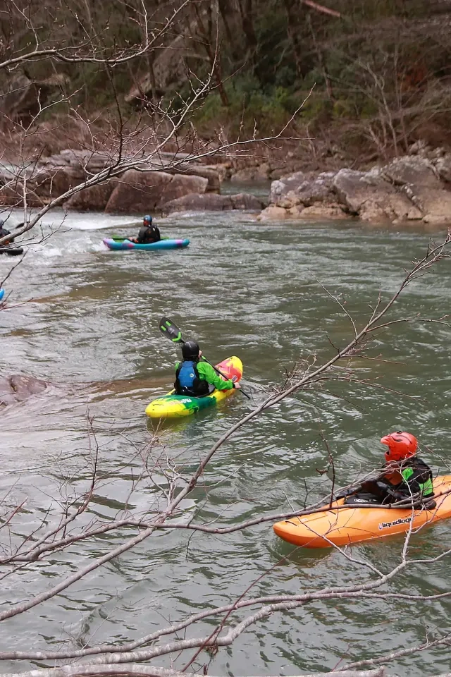 Kayakers paddling on a river surrounded by trees and rocks.