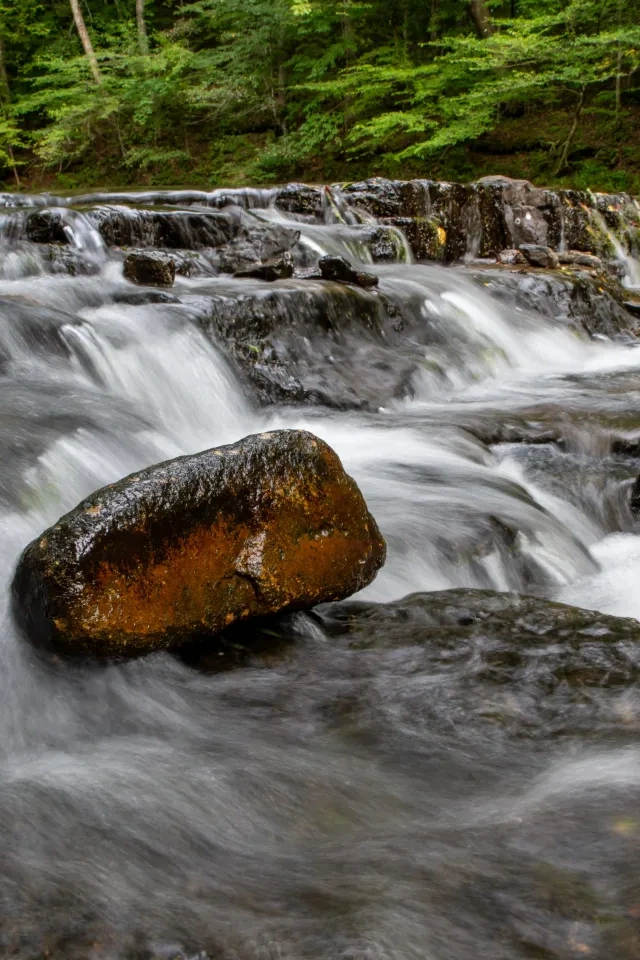 Flowing waterfall over rocks with lush green forest in the background.