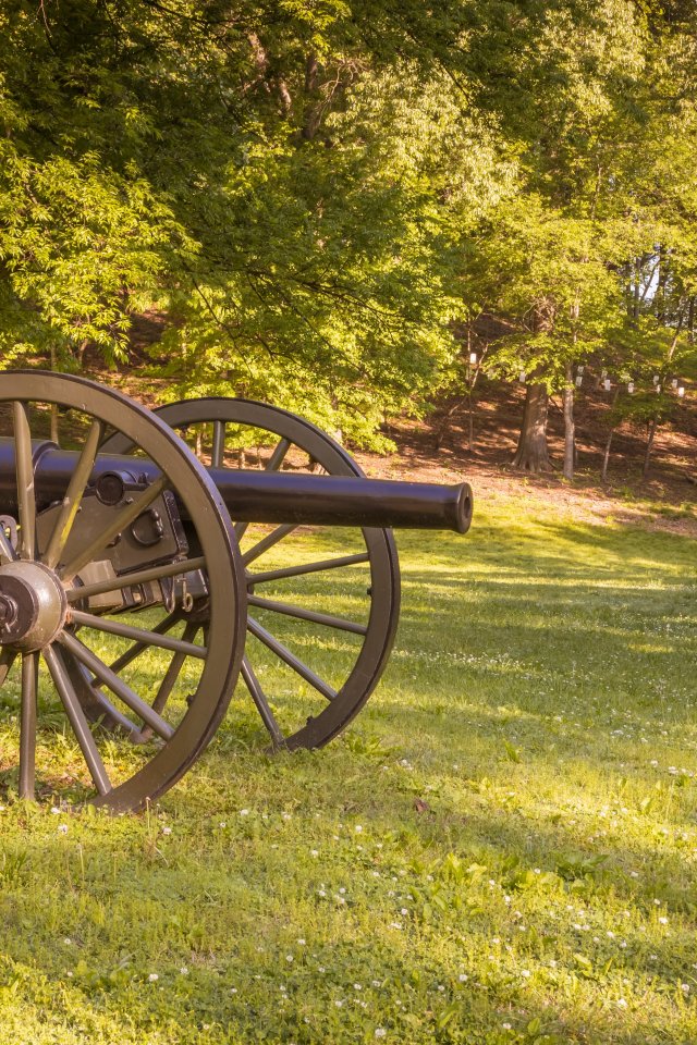 A historic cannon sits on a sunlit grassy field beside a small rustic wooden hut, with lush green trees in the background, evoking a serene, timeless setting.
