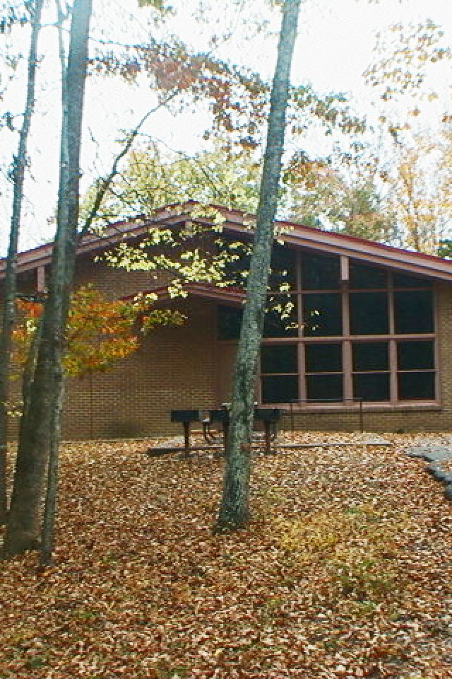 Brick building with large windows, surrounded by autumn trees and a blanket of fallen leaves. A peaceful, rustic outdoor setting.