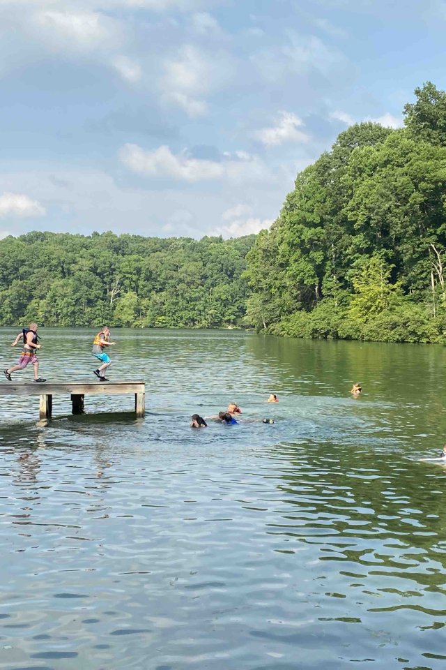 group of kids swimming in water, jumping off the dock and into the water with life jackets on
