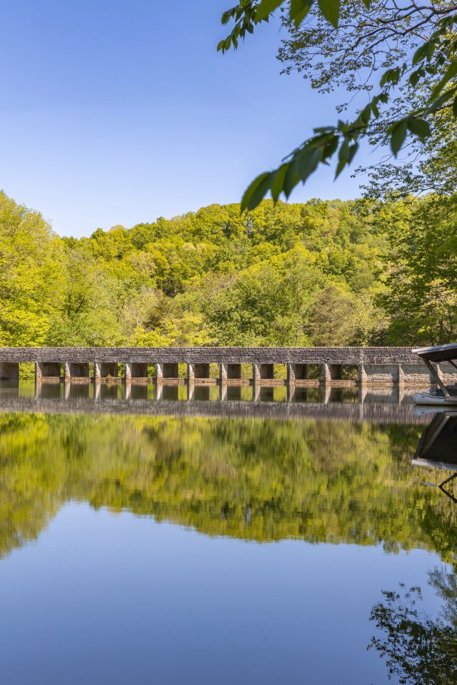 A serene scene with a stone bridge over a calm river, surrounded by lush green trees. The clear sky reflects on the water, creating a tranquil atmosphere.