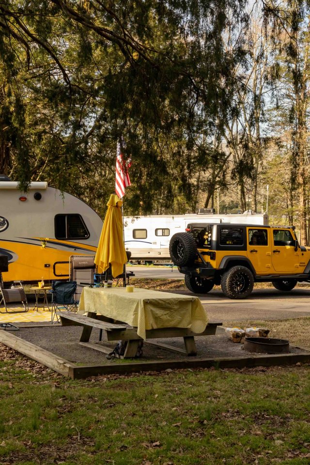 Yellow camper trailer and SUV parked at a forest campsite.