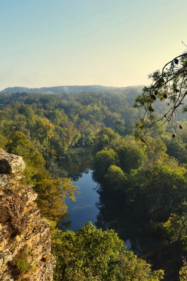 Sunrise over a serene river viewed from a lush, rocky cliff.