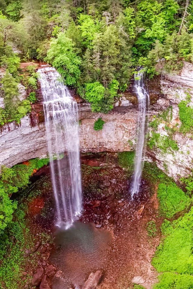 Fall Creek Falls waterfall drops over a rock ledge into a small pool surrounded by green trees