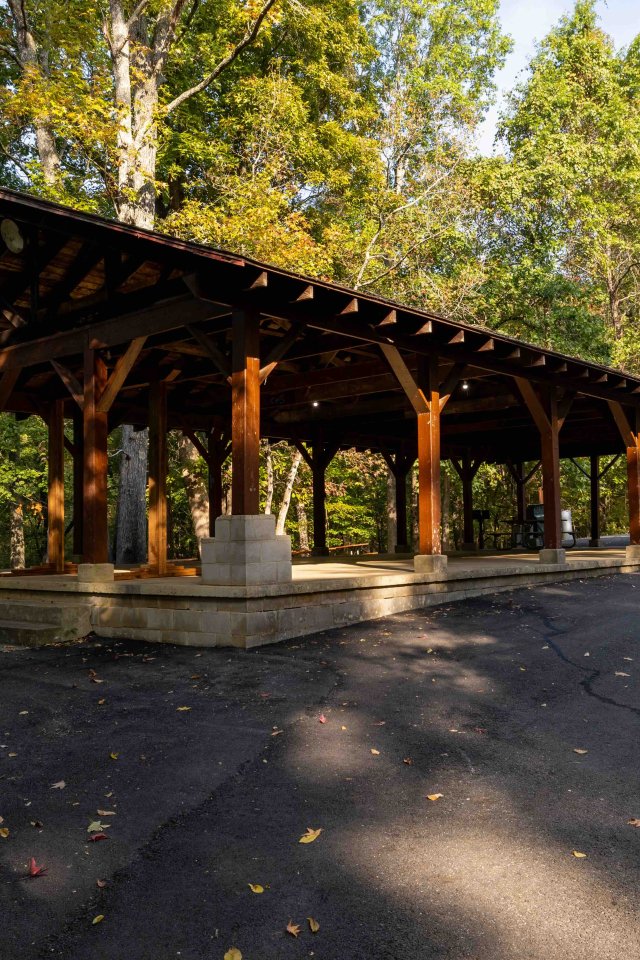 Wooden pavilion in a forest with a paved area on a sunny day.