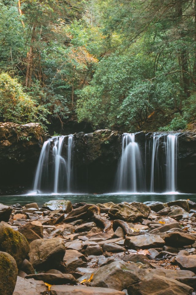 Tranquil waterfall with rocky foreground in a lush forest.