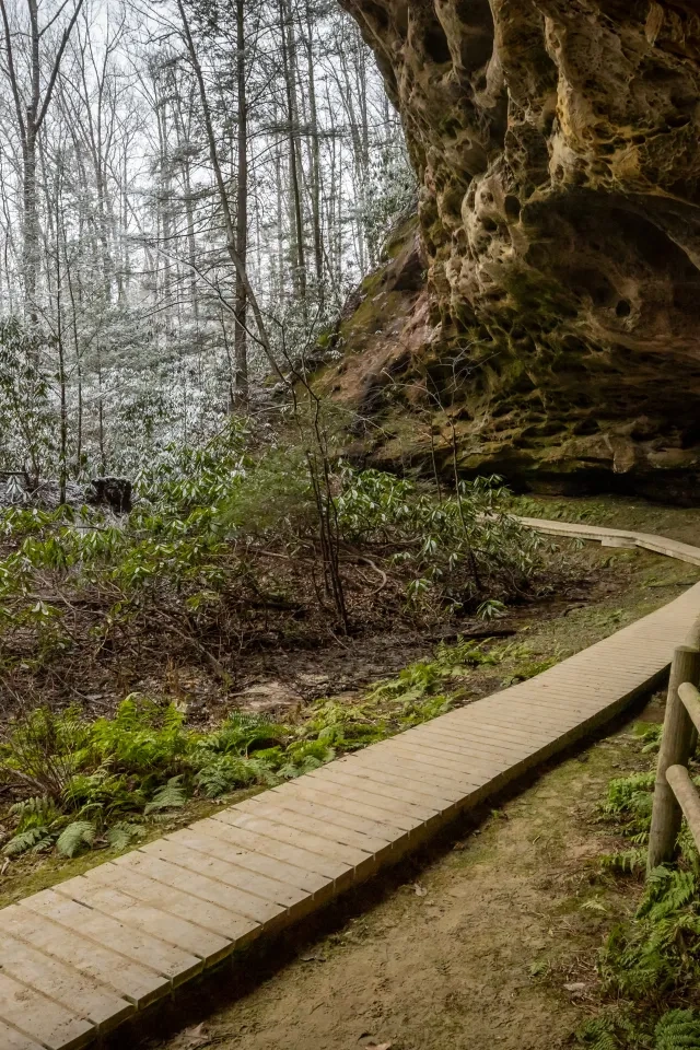 A large rock house extends over a wooden boardwalk surrounded by snowy trees