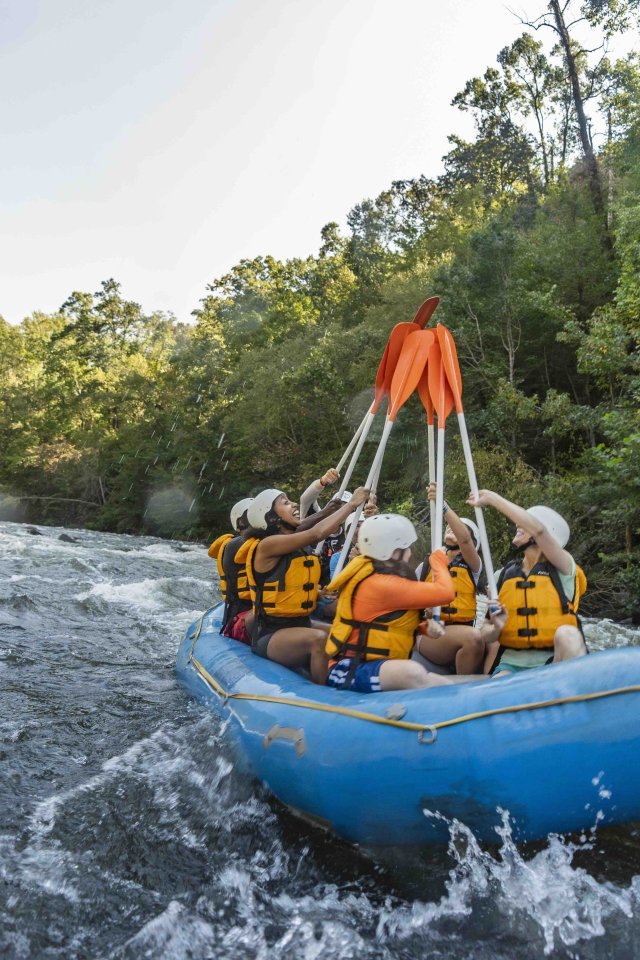 Group white water rafting on a river surrounded by forest.