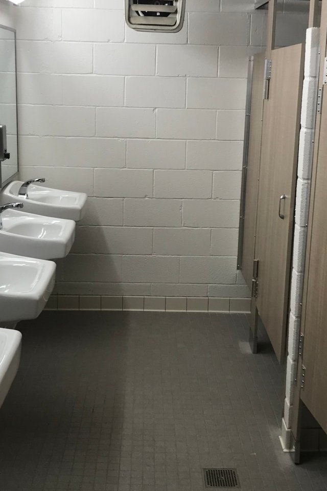Public restroom with sinks and stalls.