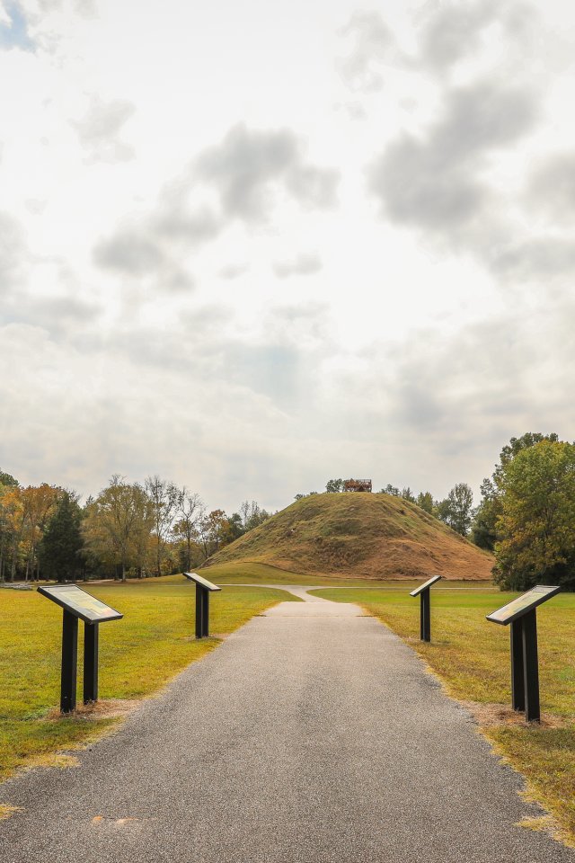 Path leading to a grassy mound, surrounded by autumn trees under a cloudy sky.