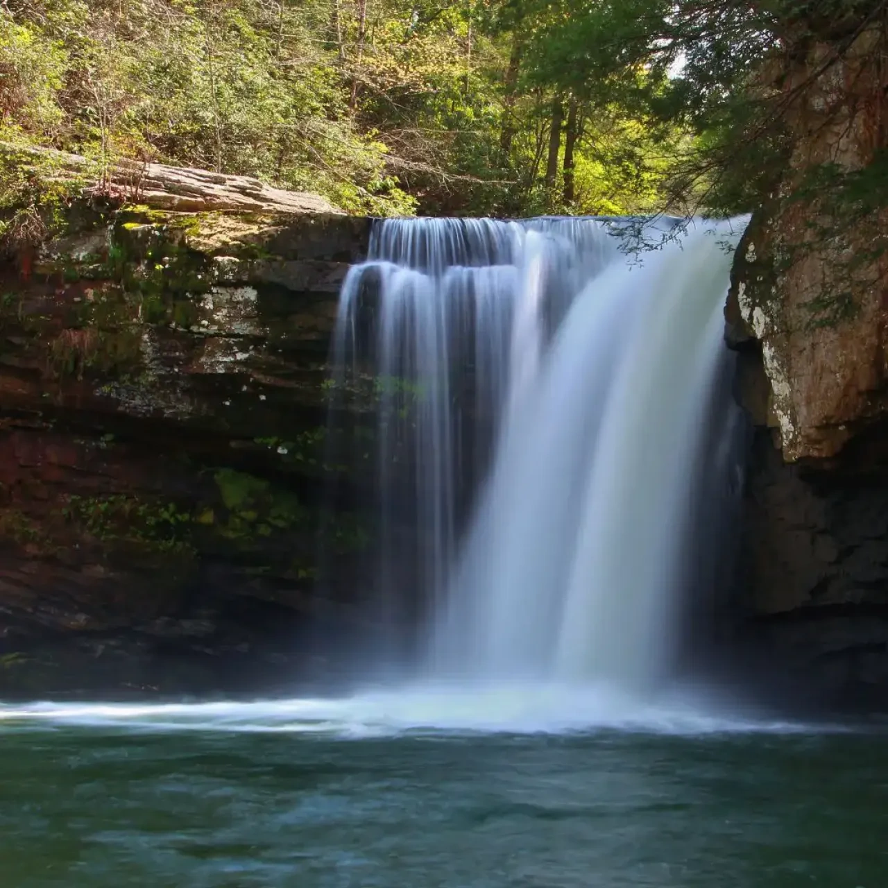Waterfall cascading over a rocky ledge into a clear pool below, framed by lush green foliage. The scene conveys tranquility and natural beauty.