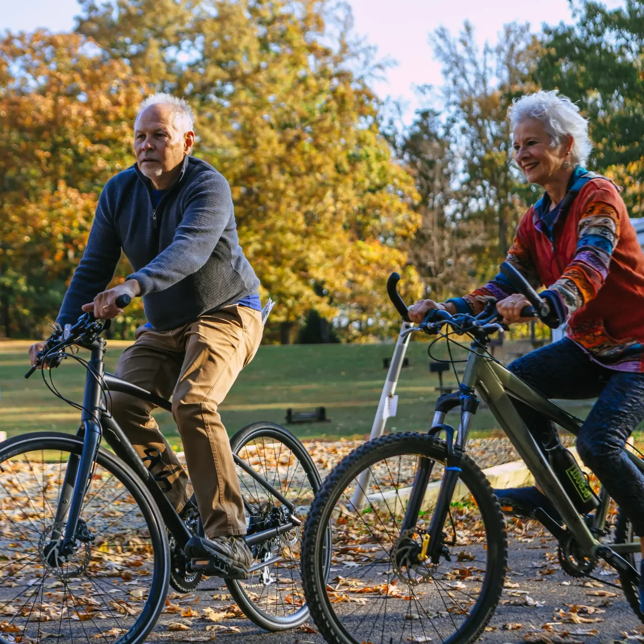 an older couple on bikes in a large, forested park. 