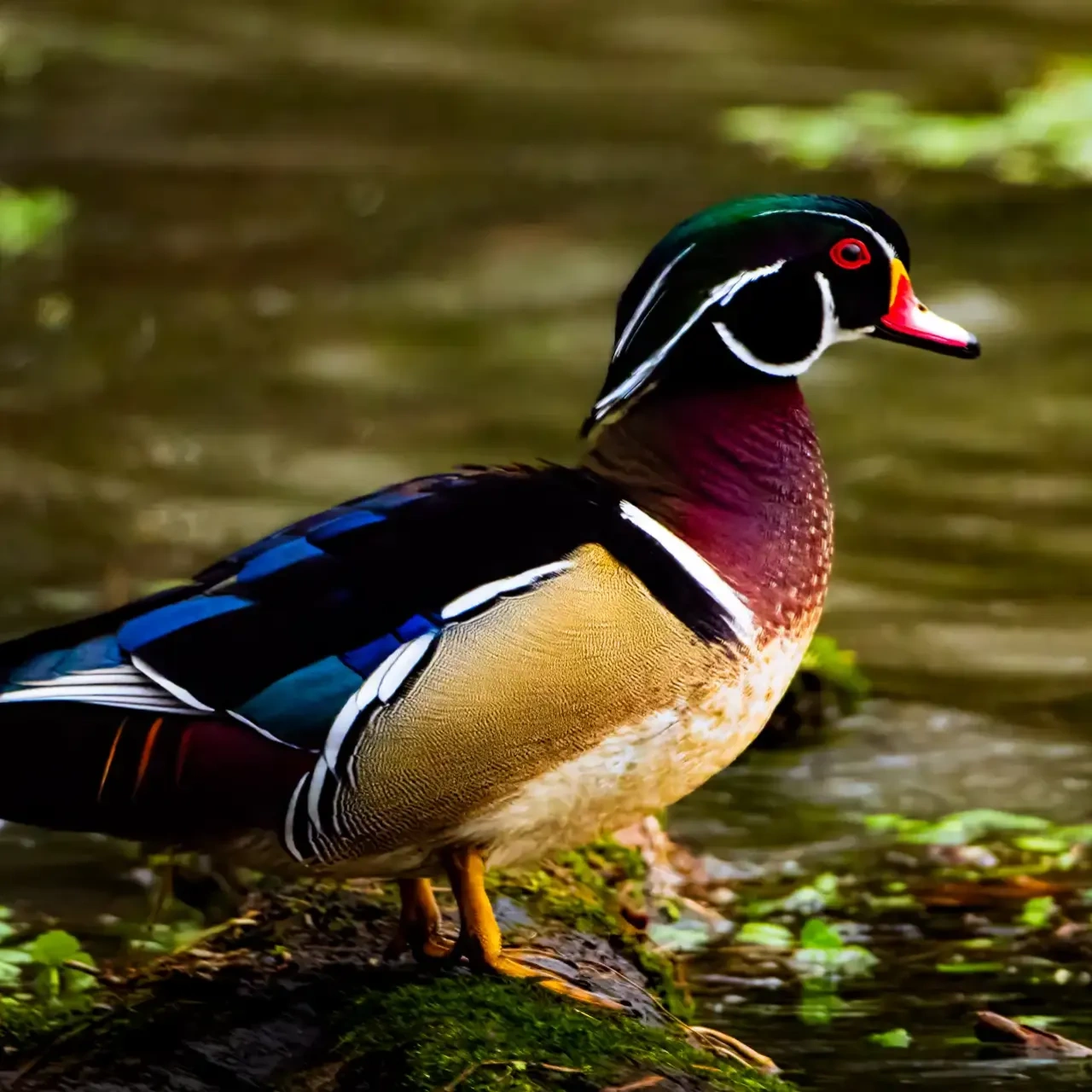 Colorful wood duck standing on a mossy log in a pond.