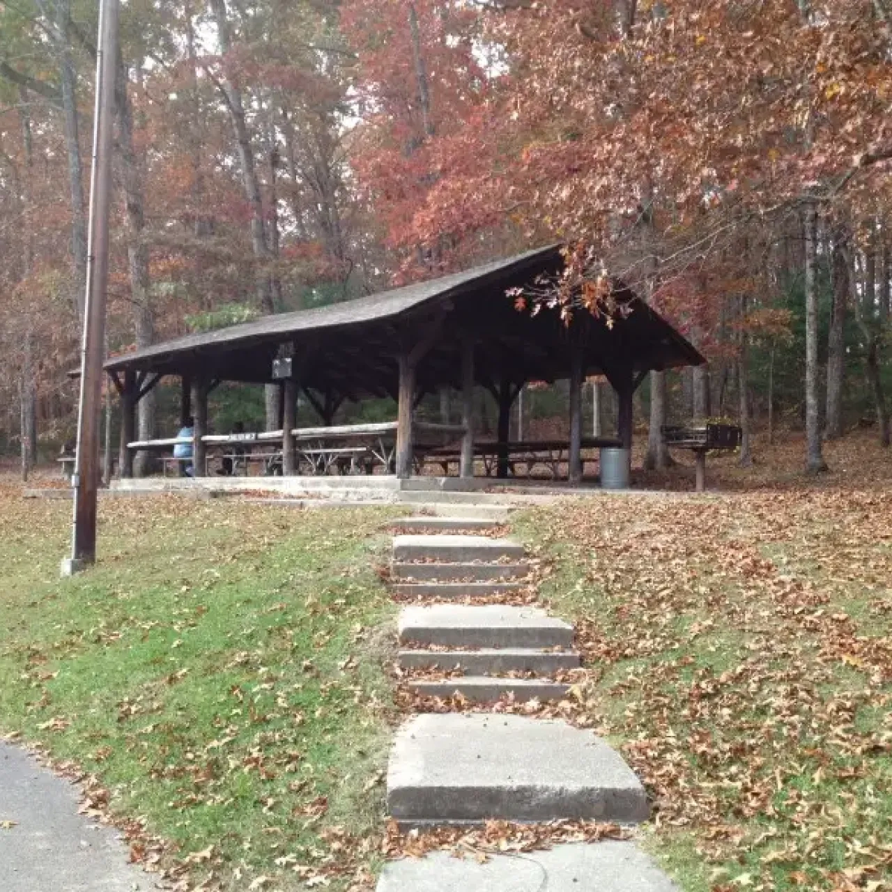 A wooden picnic pavilion with a dark roof sits on a small hill surrounded by autumn-colored trees, with concrete steps leading up from a paved path.