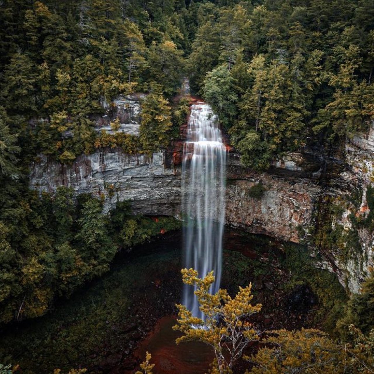 A tall waterfall cascades over a rocky cliff surrounded by dense green forest, creating a serene and majestic natural landscape.