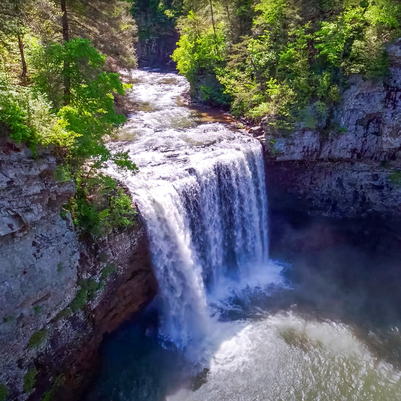 A majestic waterfall cascades down a rocky cliff surrounded by lush green trees. Sunlight illuminates the scene, conveying a serene and natural beauty.